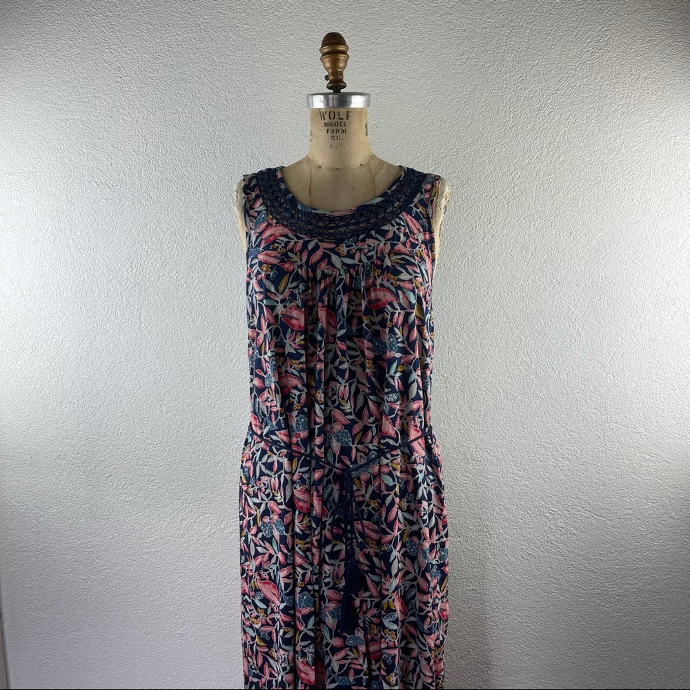Lucky Brand l S Bohemian Floral Leaf Crochet Lace Neckline Tassel Rope Tie Dress